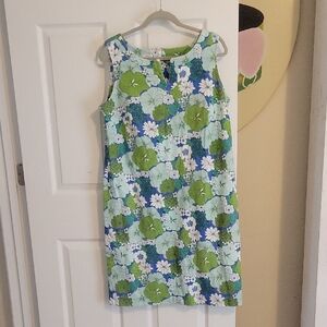 Talbots Floral zip back structured sz14W Blue and Green floral 98% cotton dress